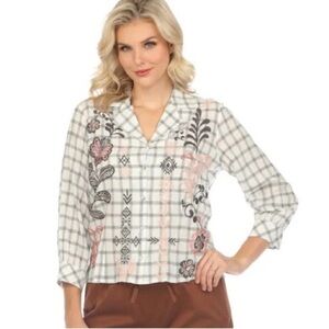 Johnny Was NWT Miranda Shirt Floral Embroidered Plaid White Black Pink Size S